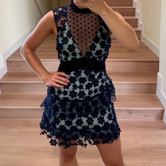 Self- Portrait Blue Guipure Lace Mini Dress Size US 2 - Picture 3 of 6